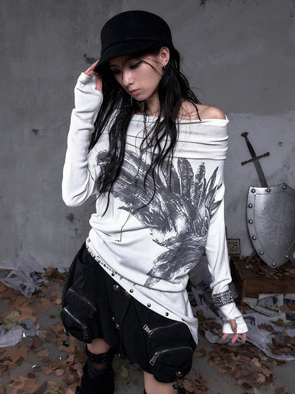 Studded Hoodie Neck Beige Punk Wing Off-Shoulder Wasteland Cowl Convertible with Design Print