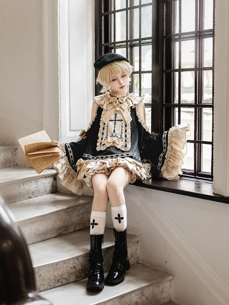 Black & Golden Cross Embroidery Cutout Shoulder Ruffled Ouji Lolita Top with Bloomers Set - Unknown Star