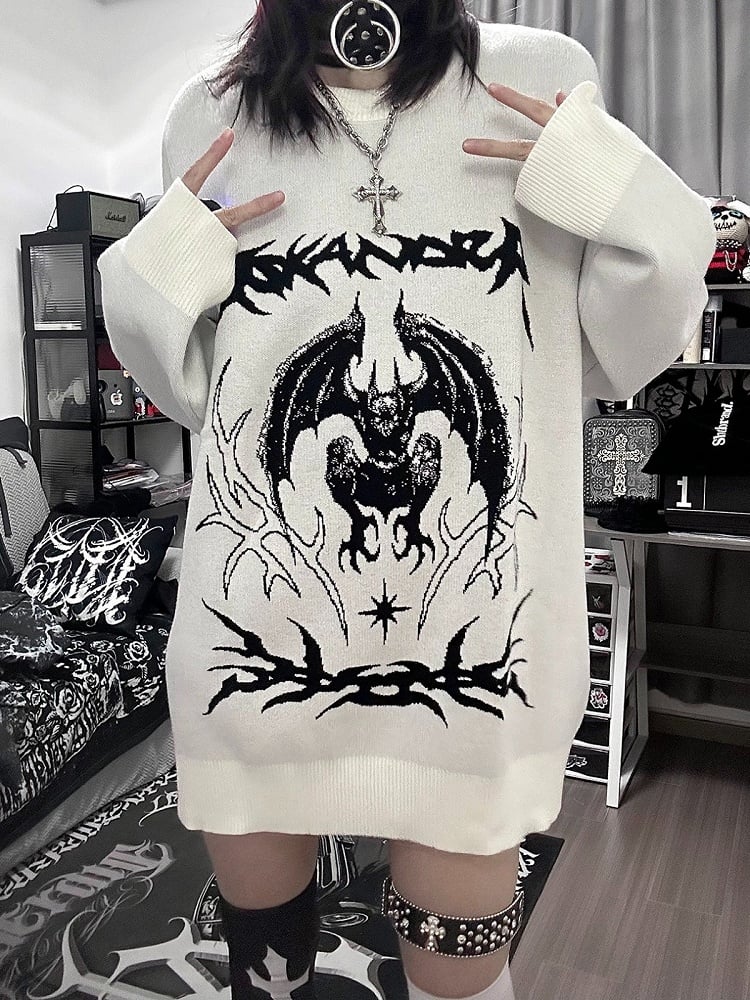 Oversized Crew Neck Pullover with Dark Pattern Print - WET BODY