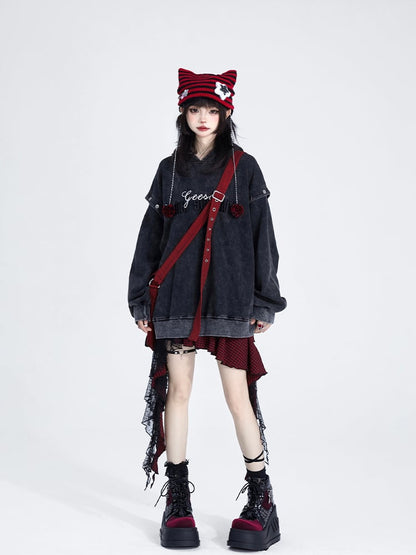 Detachable Sleeves with Black Hoodie Lettering Embroidered Vintage