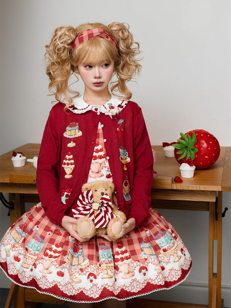 Roter Cardigan mit langen Ärmeln und Dessert-Print