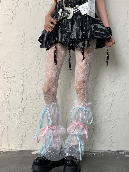 Sleeves Leg Set Semi-sheer Self-tie Floral White Design Y2K Pattern Straps Hollow-out Tights +