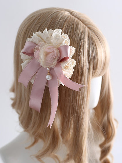 Hairclip Bead Cute Lace Charm Doll-Style Beige Pink Floral With Bowknot