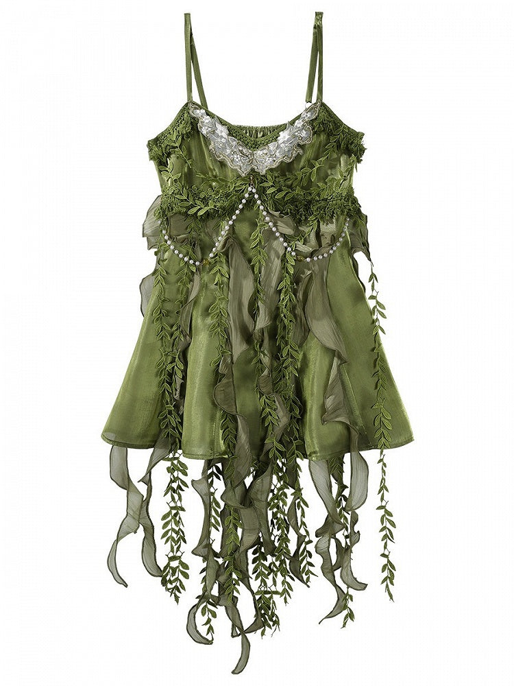 Mori Green Sleeveless Bead Chain Short Dress with Irregular Hem - Han Ru Chu Hanfu &amp; Han-Element Studi