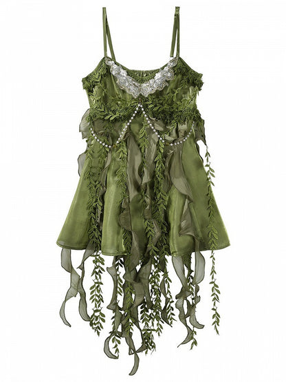 Mori Green Sleeveless Bead Chain Short Dress with Irregular Hem - Han Ru Chu Hanfu &amp; Han-Element Studi