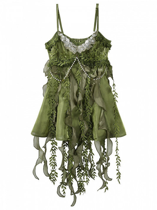 Mori Green Sleeveless Bead Chain Short Dress with Irregular Hem - Han Ru Chu Hanfu &amp; Han-Element Studi