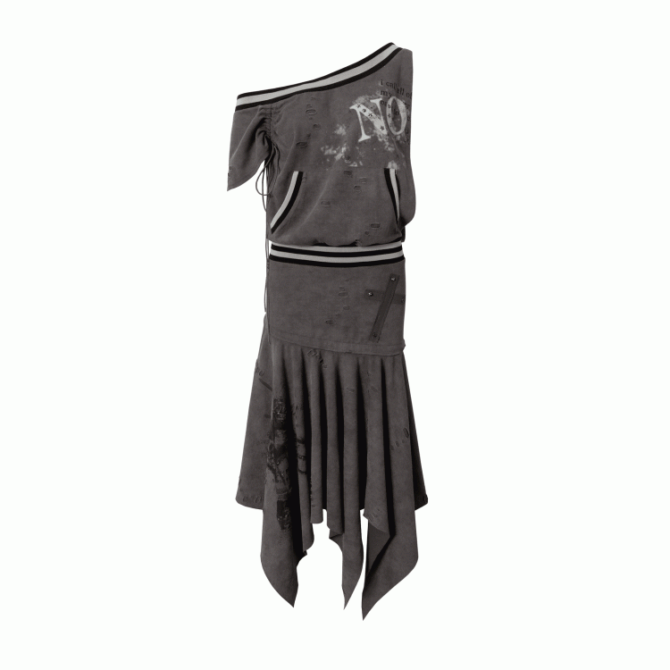 Asymmetrischer Ausschnitt Grau/Weiß Wasteland Punk Distressed Kleid