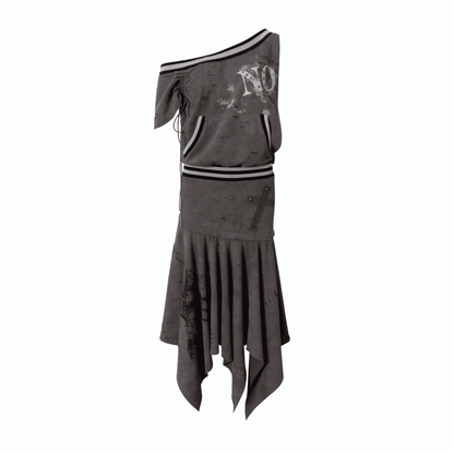 Asymmetrischer Ausschnitt Grau/Weiß Wasteland Punk Distressed Kleid
