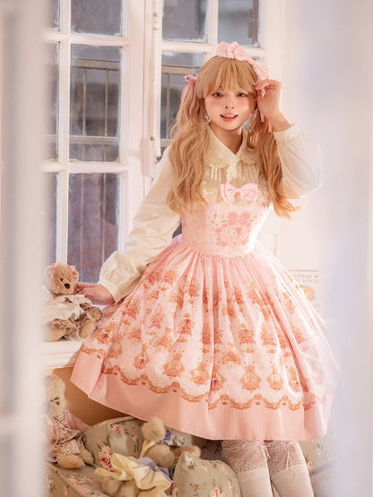 Pink Rabbit Print Lolita JSK Dress with Bow and Lace Details - Strawberry Witch