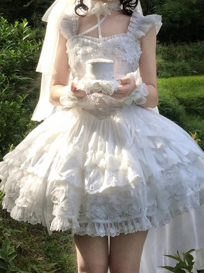 Blooming Layered Jacquard Hime Lolita Dress – Basque Waist with Lace & Fluffy Flower Accents | Sheer Ocean