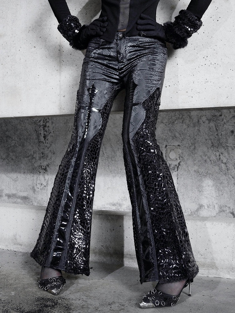 Black Snakeskin Grain Fabric Low Waist Goth Fishtail Pants