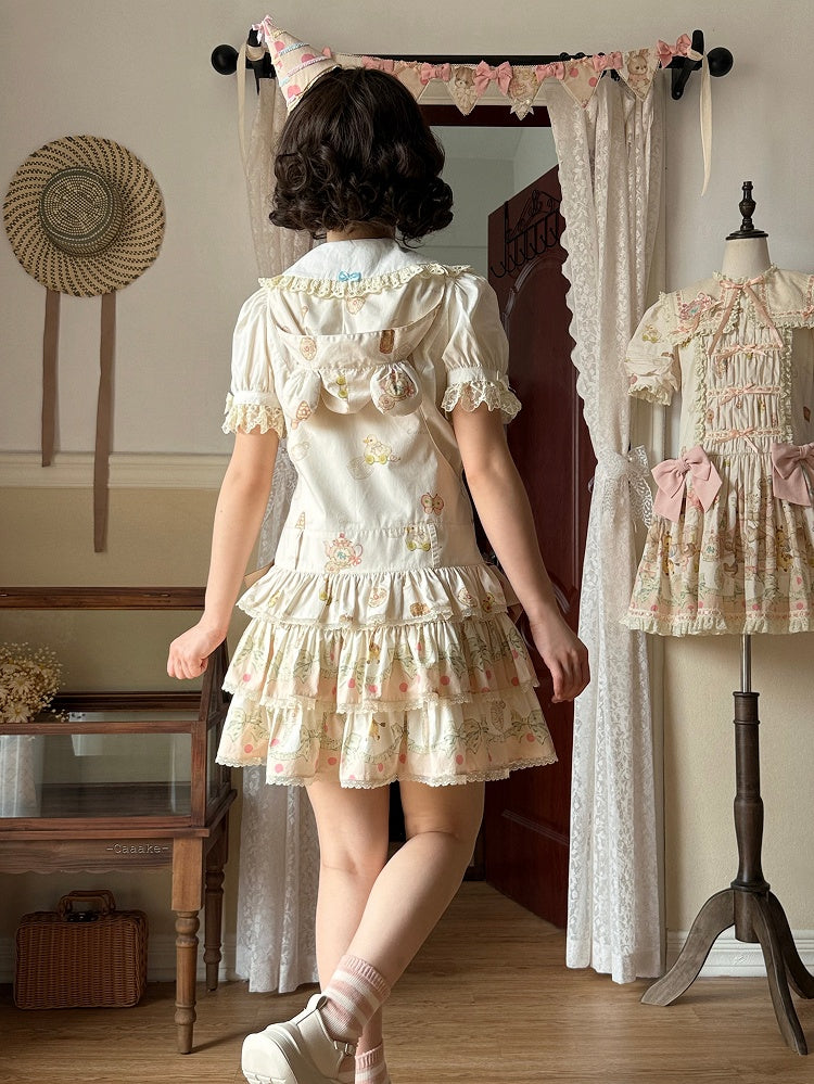 Print Dress Sweet with Waist Tiered Dropped Toys Hood Ears Skirt Bear Lolita Overall