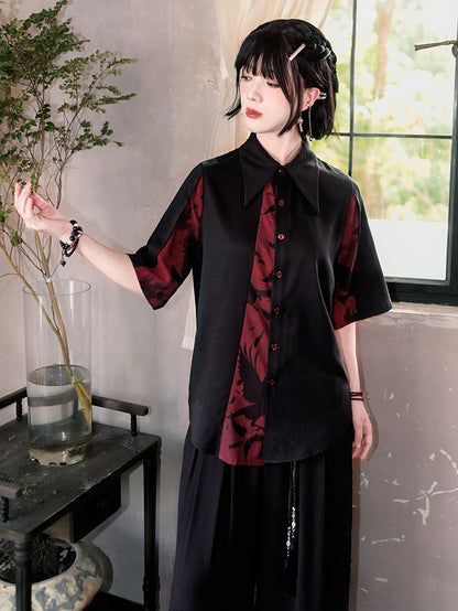 Gothic Black and Red Spliced Pointed Flat Collar Short Sleeve Shirt with Crow Motif - Quirky Hut