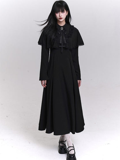 Black Trad Goth Tea Length Dress with Built-In Lace Trimmed Cape