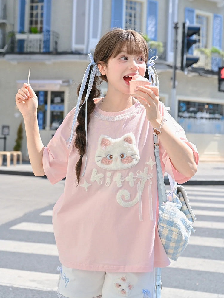 バージョンTシャツ 猫アップリケ ロング/ショート ピンク プラッシュ