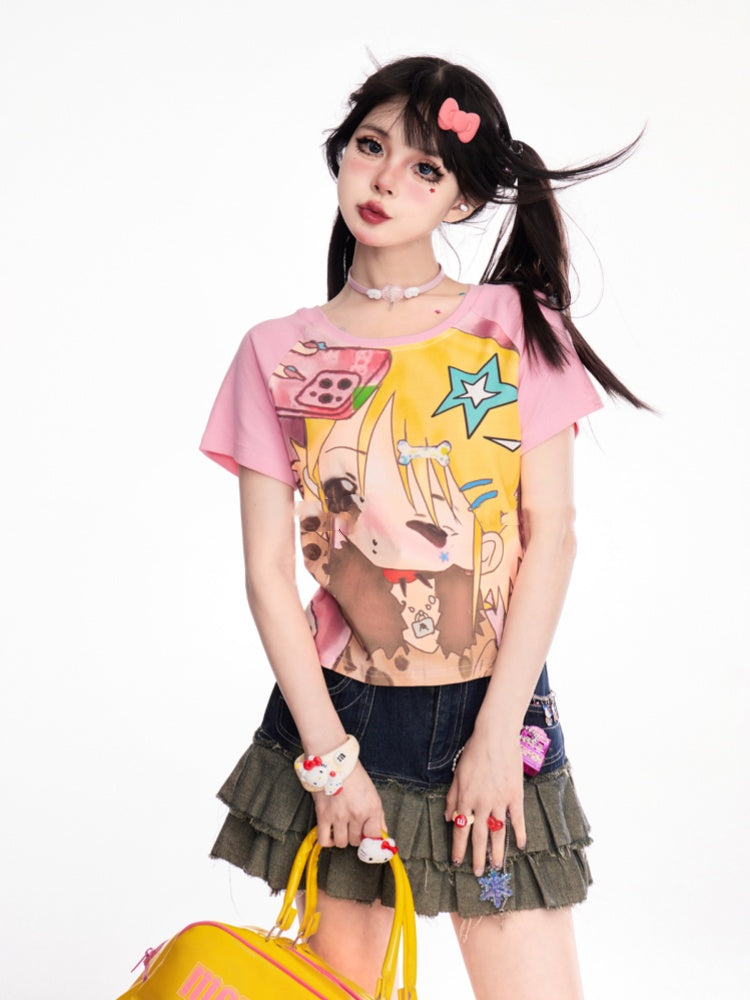 ピンクのY2K漫画ガールプリントTシャツ/キャミソールトップ