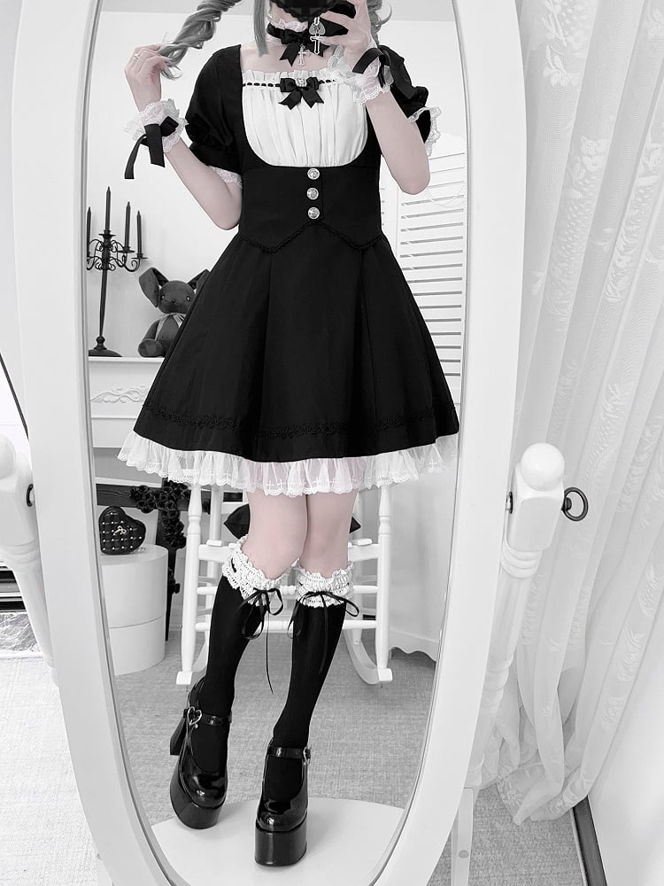 Puff-Design, weiße Ärmel, voller Jirai-Besatz, schwarzes Korsett, Kei-Kleid, Spitzengürtel-Set und