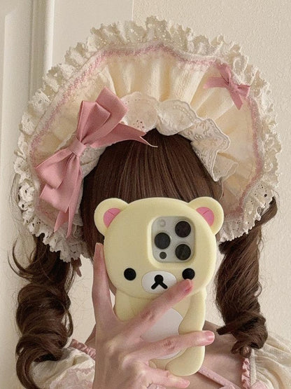 スクールオールドピンクのトリムボンネットレースロリータイエロー、蝶結びのディテール付き
