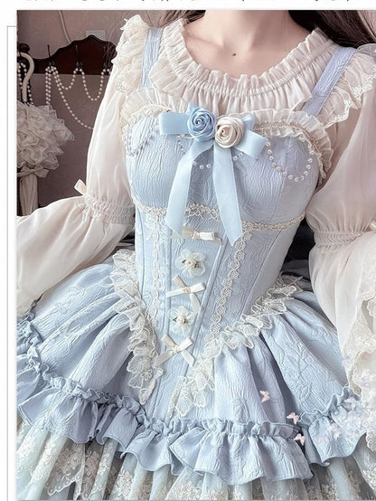 Blaues großes bauschiges Kleid Hime Lolita Balletcore Schleife Stoffschleppe JSK entbeint Baskentaille Jacquard mit