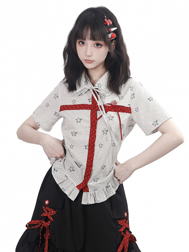 Light Gray Casual Kawaii Plaid & Star Pattern Peter Pan Collar Short Sleeve Shirt with Ruffle Hem - PINK SAVIOR