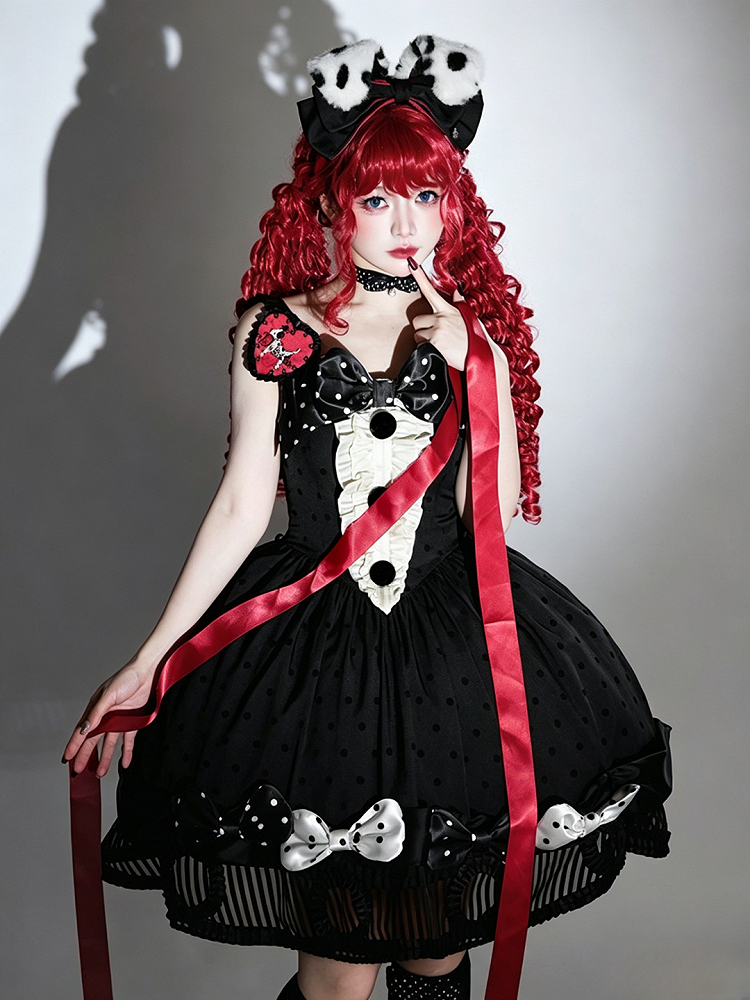 Black White Polka Dot Gothic Lolita Jumper Skirt with Bows Striped Hem - Tan Tuan