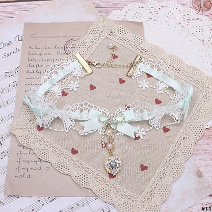 Kei 12 Heart Rhinestone Lace Choker Jirai Bowknot Options Color