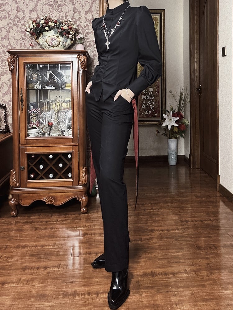 王子マンダリンブラックロングファッショントップスロリータテールスワローカラースリーブ