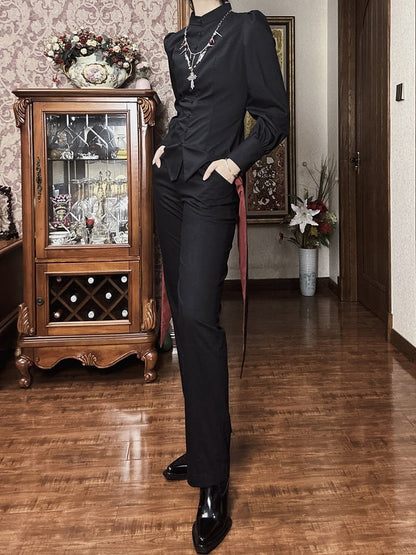 王子マンダリンブラックロングファッショントップスロリータテールスワローカラースリーブ