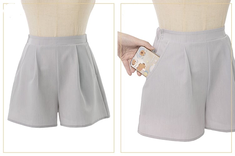 Sleeve Two-Piece Brooch Gray Kei Coord Shorts Top Bow Faux Jirai Short Set: with
