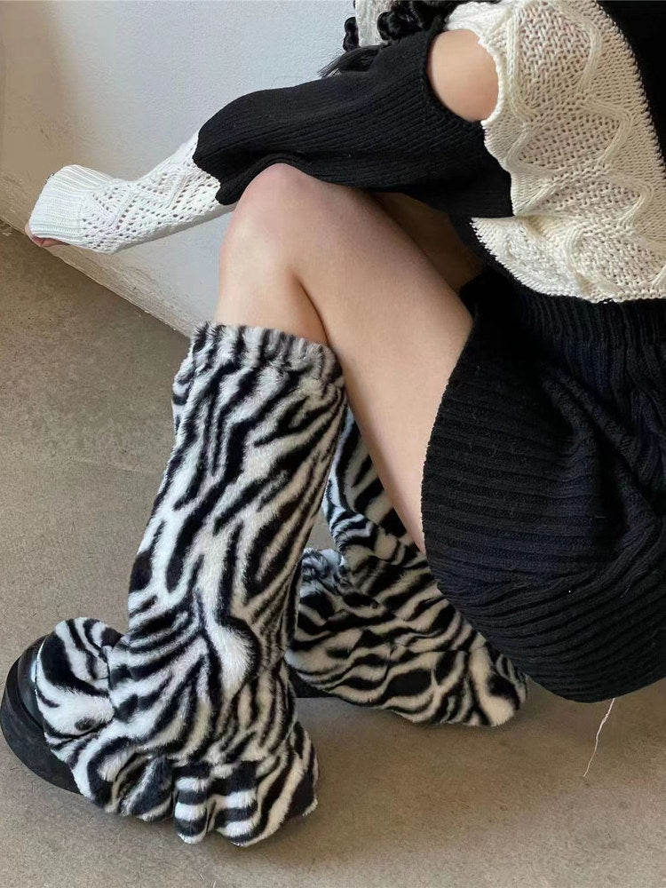 Stripe Pattern Leg Warmers Fur Zebra Faux