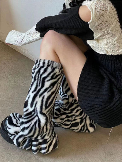 Stripe Pattern Leg Warmers Fur Zebra Faux