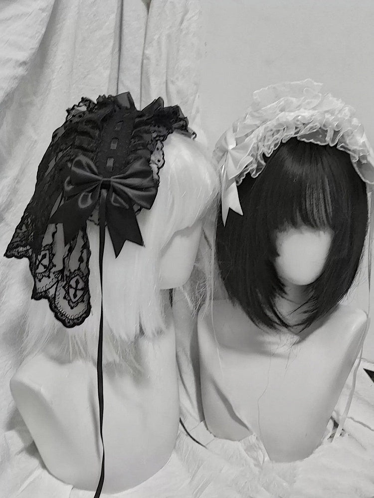 Dual-Tone Gothic Ribbon Headband with Lace and Bow - Dokisuru