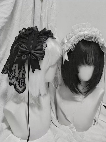 Dual-Tone Gothic Ribbon Headband with Lace and Bow - Dokisuru