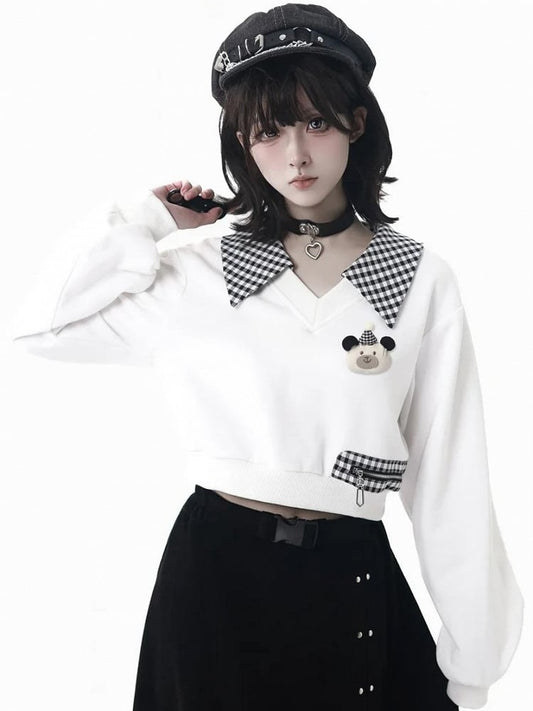 Accents with Plaid Sweatshirt Cropped White