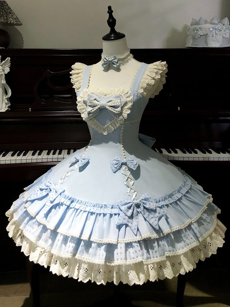 Ruffled Lace-Trimmed Lolita JSK Dress with Blue Bow Detail - Yinying Lolita