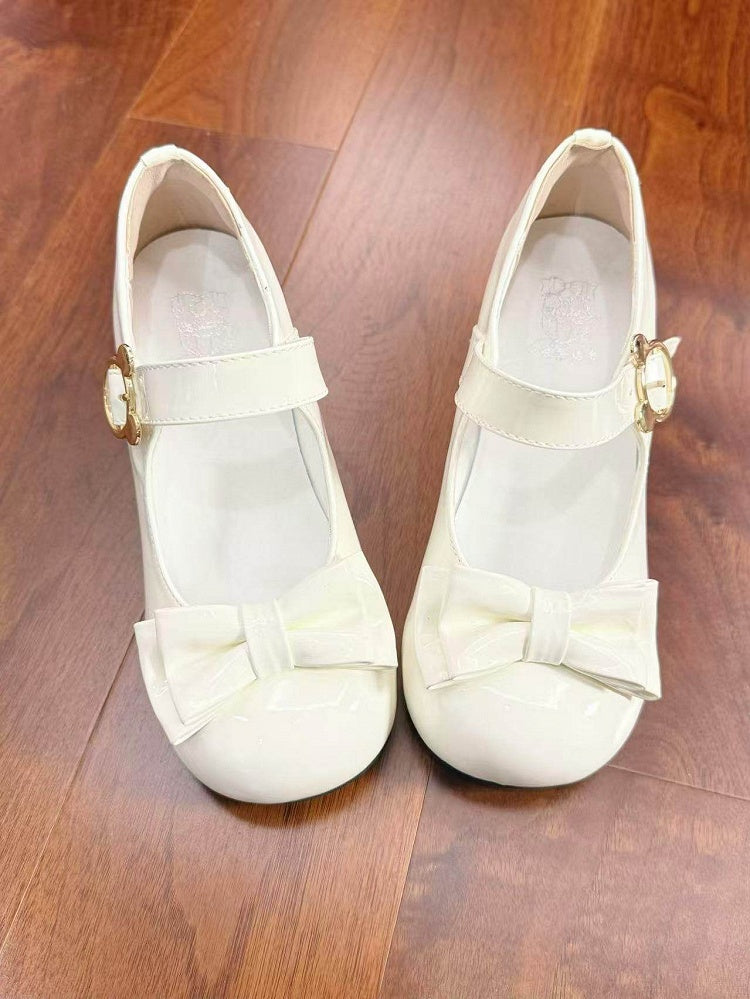 5cm Lolita Round Bear in Design Toe Buckle with Mid-heeled Sweet Bow White Details Shoes
