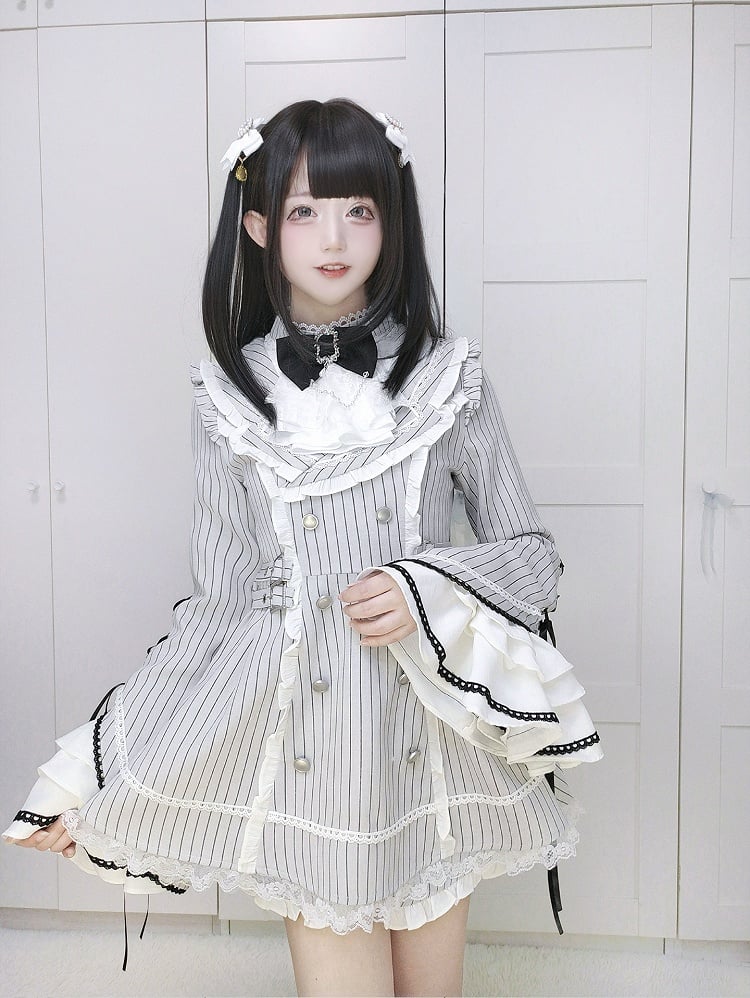 Striped Kei Dress Light + Sleeves Bell Gray Jirai Matching Set Shorts