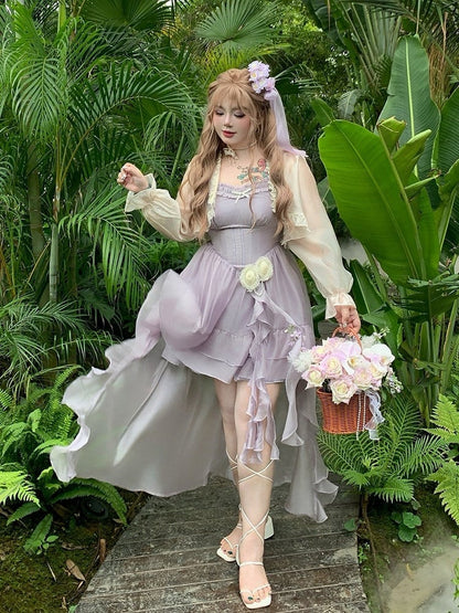 Purple Rose Themed High-Low Skirt Dress with Asymmetrical Train - Hard Candy