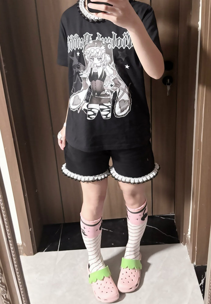 フリル水玉模様Tシャツ 襟付き 黒 アニメガールプリント ジライ