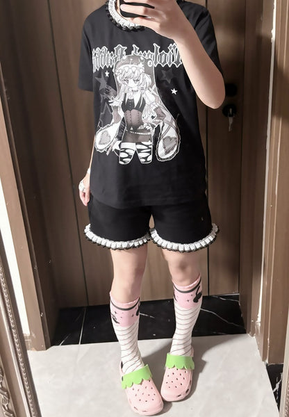 フリル水玉模様Tシャツ 襟付き 黒 アニメガールプリント ジライ