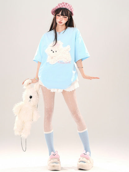 Blue/Grey/Black Plush Puppy Applique Loose T-shirt