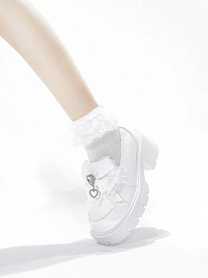 Loafers Kei Platform White 6cm in Bow Matte Chunky Heel Heart Decor Rhinestone Jirai