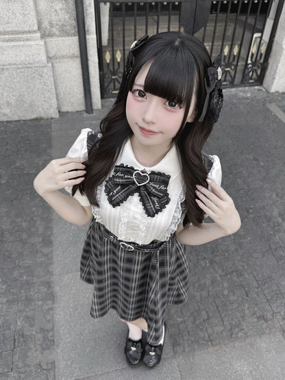 Faux Black Tie Design Jirai Detachable Two-Piece Dress Belt Heart Buckle Bow with Plaid Kei