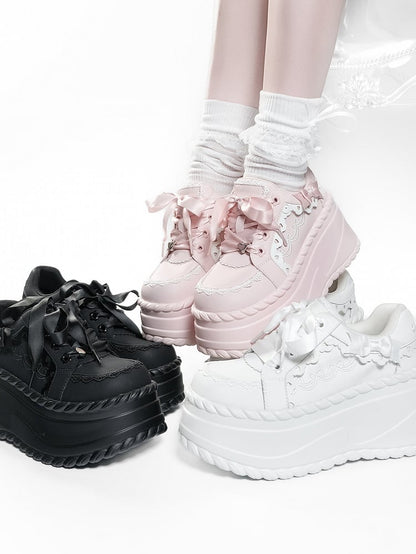 Shoes Cream Otaku - Black Trim with Details Platform Piping Bow Lace Kawaii
