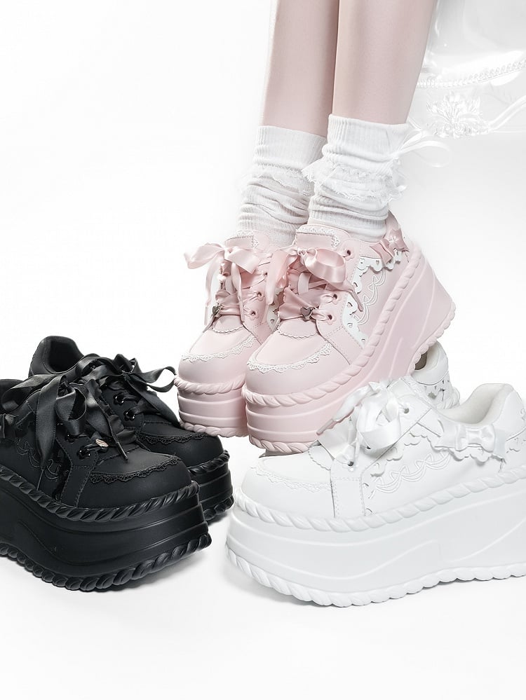Buttercream White Kawaii Platform Lace-Up Edging Sneakers Classic - Ruffle