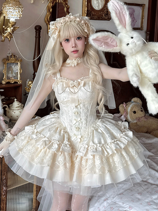 Puffkleidstoff mit baskischer Taille mit Stäbchen, Jacquard, Beige, JSK, Big Hime, Lolita, Balletcore, Schleifenschleppe