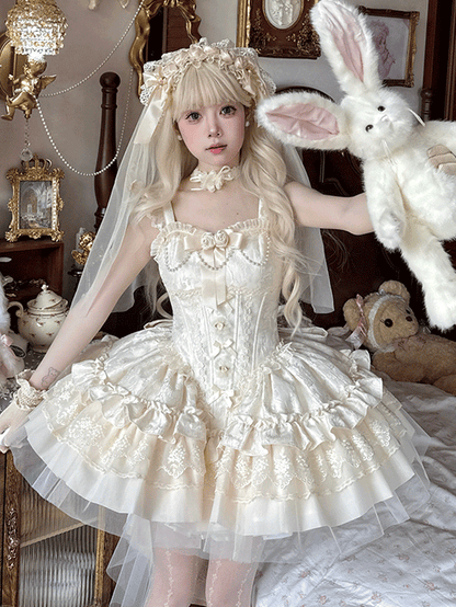 Puffkleidstoff mit baskischer Taille mit Stäbchen, Jacquard, Beige, JSK, Big Hime, Lolita, Balletcore, Schleifenschleppe