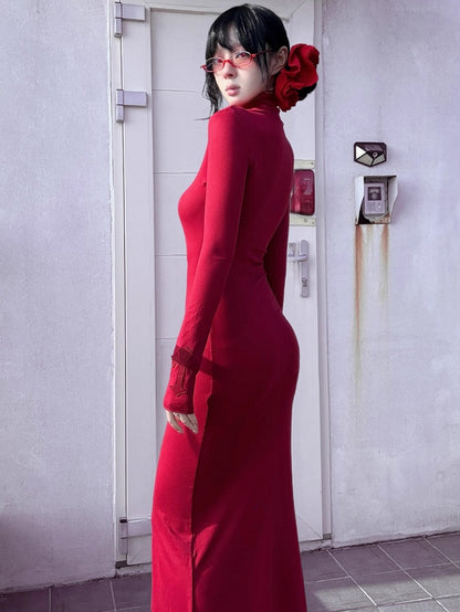 ゴシックレッドコフィンカットアウトクロスディテールハイネックマーメイドスカートマキシドレス