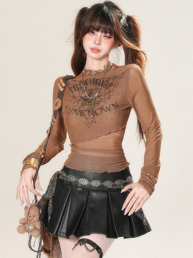 Glamorous – Oberteil mit Buchstaben- und Bittersüß-Print, Ärmeln und Sternenmuster, Braun, lang