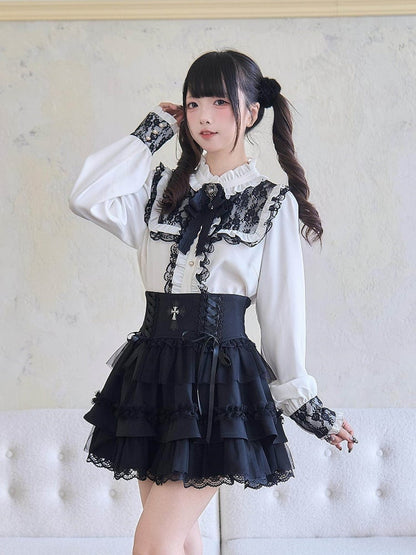 Jirai and Tiered with Details Skirt Lace Lace-up Cross Kei Ruffle Black